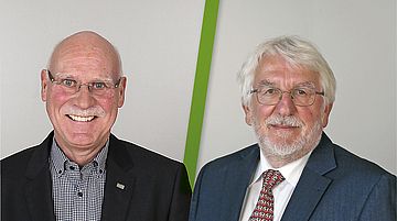 Bild von Jürgen Tekhaus, ehemaliges Vorstandsmitglieder der EnergieGenossenschaft Schwerte eG, rechts daneben ein Bild von Dr. Thomas Kruse, neuem Vorstandsmitglied der EGS