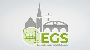 Logo der EnergieGenossenschaft Schwerte (EGS) mit stilisierten Gebäuden und Symbolen für Solar- und Windenergie