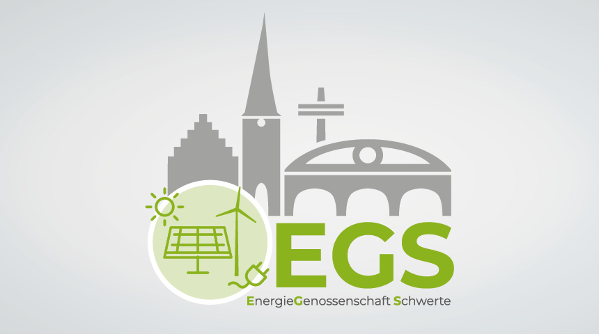 Logo der EnergieGenossenschaft Schwerte (EGS) mit stilisierten Gebäuden und Symbolen für Solar- und Windenergie